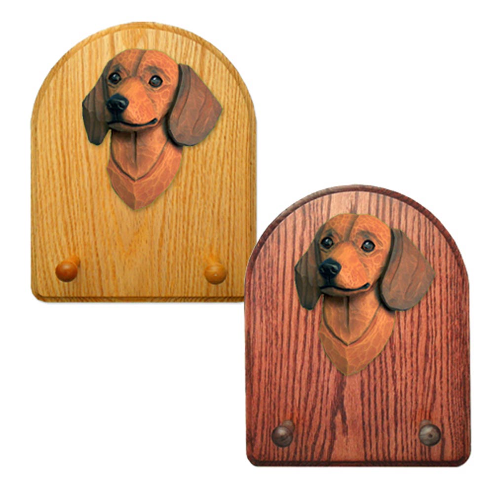 Dachshund Key Leash Holder Oak Wood Red Smooth