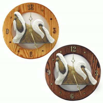 Shih Tzu Wood Wall Clock Plaque Gold/Wht