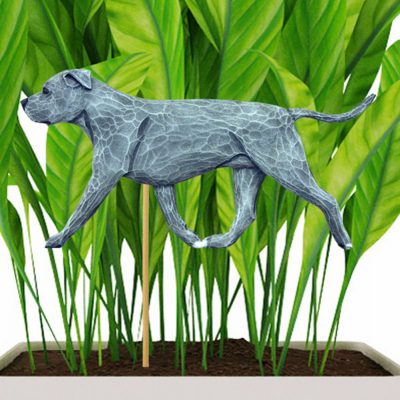 Blue Uncropped American Staffordshire Terrier Figure Attached to Stake to be Placed in Ground or Garden