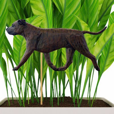 Brindle Uncropped American Staffordshire Terrier Figure Attached to Stake to be Placed in Ground or Garden