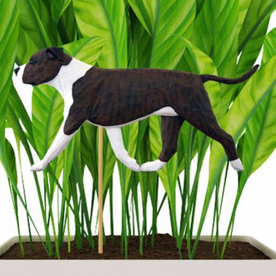 Brindle & White Uncropped American Staffordshire Terrier Figure Attached to Stake to be Placed in Ground or Garden