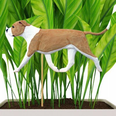 Fawn & White Uncropped American Staffordshire Terrier Figure Attached to Stake to be Placed in Ground or Garden