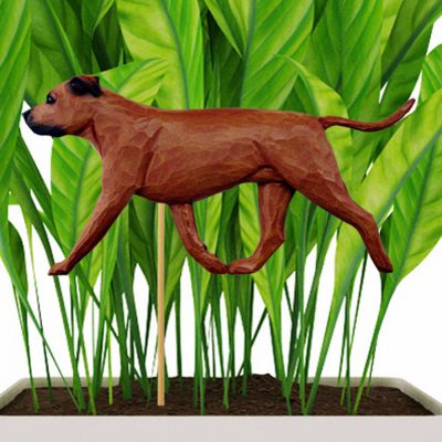 Red Uncropped American Staffordshire Terrier Figure Attached to Stake to be Placed in Ground or Garden