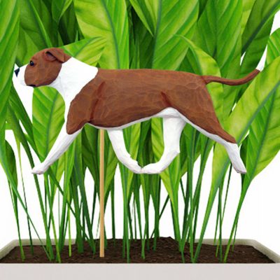 Uncropped Red & White American Staffordshire Terrier Figure Attached to Stake to be Placed in Ground or Garden