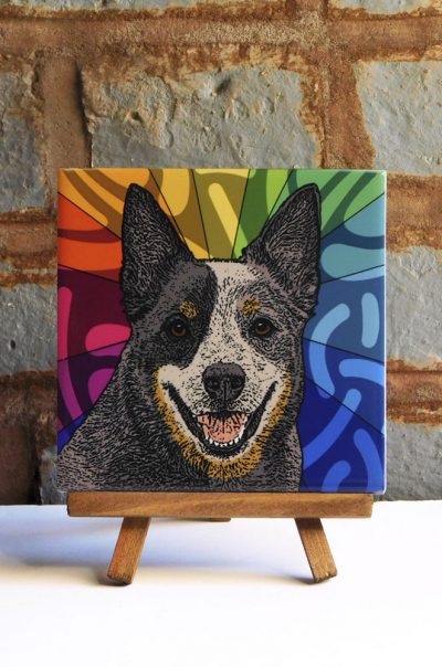 Australian Cattle Dog Blue Colorful Portrait Original Artwork on Ceramic Tile 4x4 Inches