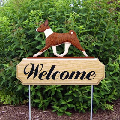 Basenji Outdoor Welcome Yard Sign Brindle & White in Color