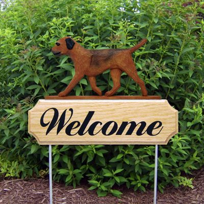 Border Terrier Outdoor Welcome Garden Sign Red & Brown in Color