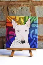 Bull Terrier White Colorful Portrait Original Artwork on Ceramic Tile 4x4 Inches