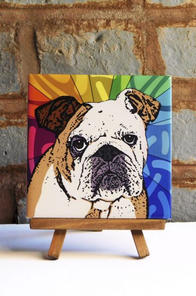 Bulldog Tan/White Colorful Portrait Original Artwork on Ceramic Tile 4x4 Inches