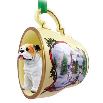 Bulldog Dog Christmas Holiday Teacup Ornament Figurine White
