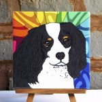 Cavalier King Charles Black/White Colorful Portrait Original Artwork on Ceramic Tile 4x4 Inches