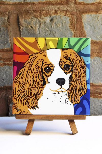 Cavalier King Charles Brown/White Colorful Portrait Original Artwork on Ceramic Tile 4x4 Inches