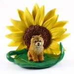 Chow Chow Red Figurine Sitting on a Green Leaf in Front of a Yellow Sunflower