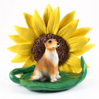 Collie Smooth Figurine Sitting on a Green Leaf in Front of a Yellow Sunflower