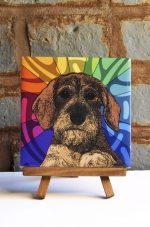 Wirehaired Dachshund Colorful Portrait Original Artwork on Ceramic Tile 4x4 Inches