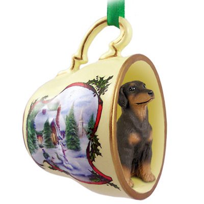 Doberman Pinscher Dog Christmas Holiday Teacup Ornament Figurine Red Uncrop