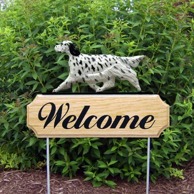 English Setter Outdoor Garden Welcome Sign Blue in Color