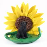 Flat Coated Retriever Figurine Sitting on a Green Leaf in Front of a Yellow Sunflower