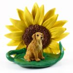 Golden Retriever Figurine Sitting on a Green Leaf in Front of a Yellow Sunflower