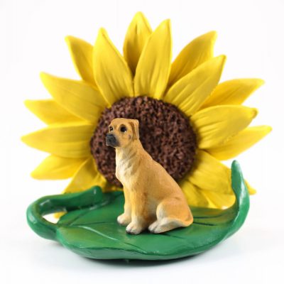 Great Dane Fawn Uncropped Figurine Sitting on a Green Leaf in Front of a Yellow Sunflower