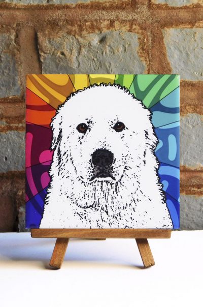Great Pyrenees Colorful Portrait Original Artwork on Ceramic Tile 4x4 Inches