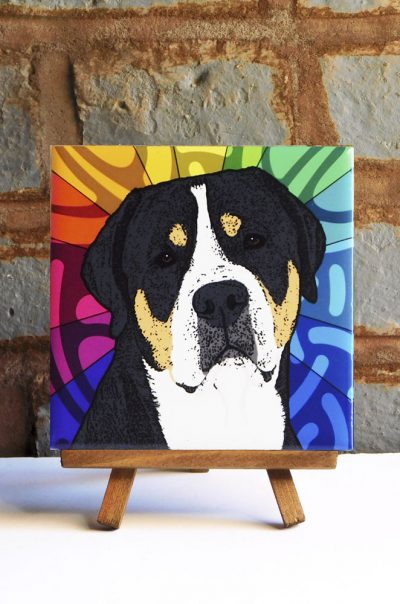 Greater Swiss Mountain Dog Colorful Portrait Original Artwork on Ceramic Tile 4x4 Inches