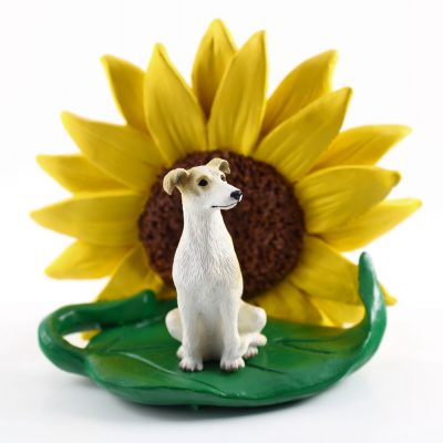 Greyhound Tan Figurine Sitting on a Green Leaf in Front of a Yellow Sunflower