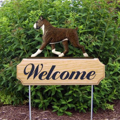 Boxer Welcome Sign Oak Wood Outdoor Yard Sign Brindle