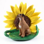 Italian Greyhound Figurine Sitting on a Green Leaf in Front of a Yellow Sunflower
