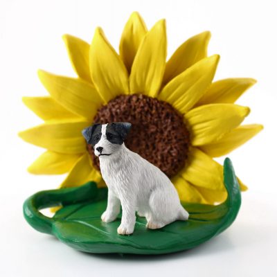 Jack Russell Terrier Black Figurine Sitting on a Green Leaf in Front of a Yellow Sunflower