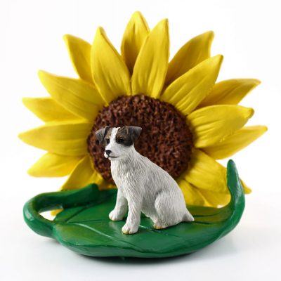 Jack Russell Terrier Brown Figurine Sitting on a Green Leaf in Front of a Yellow Sunflower