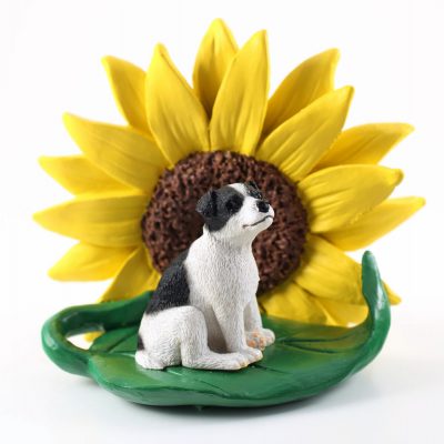 Jack Russell Terrier Black Smooth Coat Figurine Sitting on a Green Leaf in Front of a Yellow Sunflower
