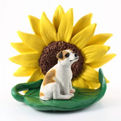 Jack Russell Terrier Brown Smooth Coat Figurine Sitting on a Green Leaf in Front of a Yellow Sunflower