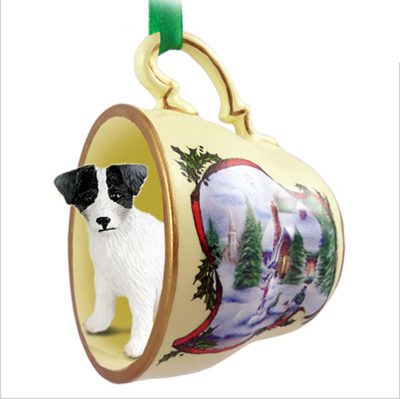Jack Russell Terrier Dog Christmas Holiday Teacup Ornament Figurine Blk/Wht Rough