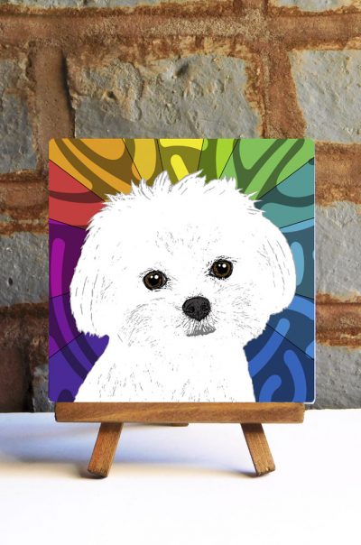 Maltese Puppy Cut Colorful Portrait Original Artwork on Ceramic Tile 4x4 Inches