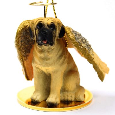 English Mastiff Guardian Angel Ornament with Halo, String, Wings, and Gold Base
