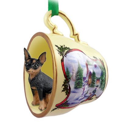Mini Pinscher Dog Christmas Holiday Teacup Ornament Figurine Black/Tan