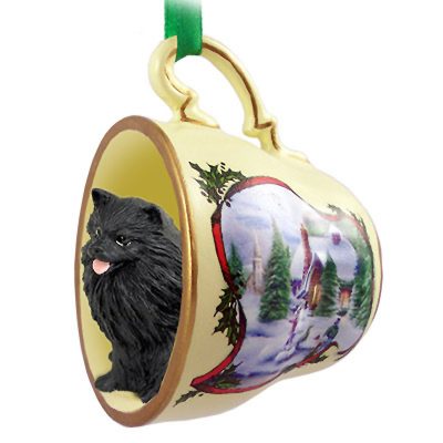 Pomeranian Dog Christmas Holiday Teacup Ornament Figurine Black