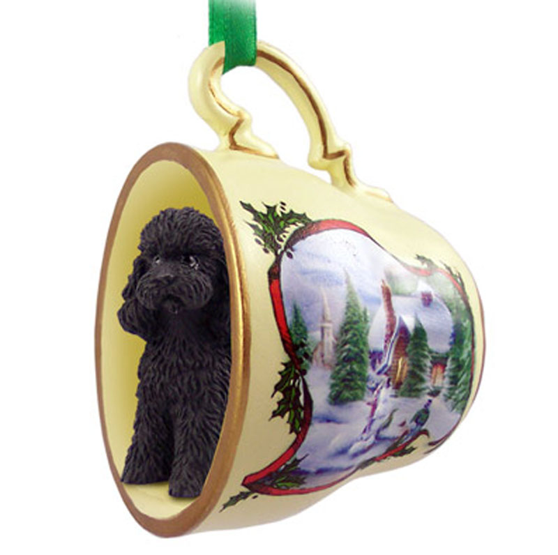 poodle black sportcut teacup ornament