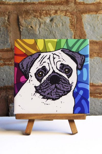 Pug Fawn Colorful Portrait Original Artwork on Ceramic Tile 4x4 Inches