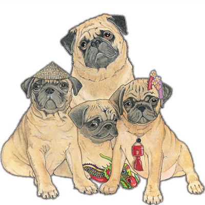 Pug Wooden Magnet Fawn Family