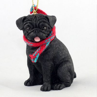 Pug Dog Christmas Ornament Scarf Figurine Black