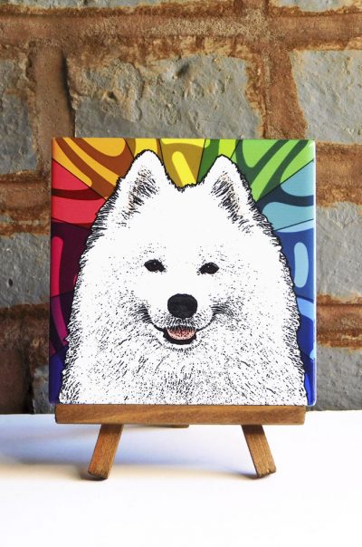 Samoyed Colorful Portrait Original Artwork on Ceramic Tile 4x4 Inches