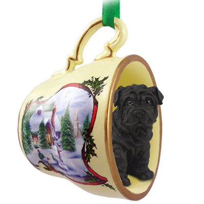 Shar Pei Dog Christmas Holiday Teacup Ornament Figurine Black