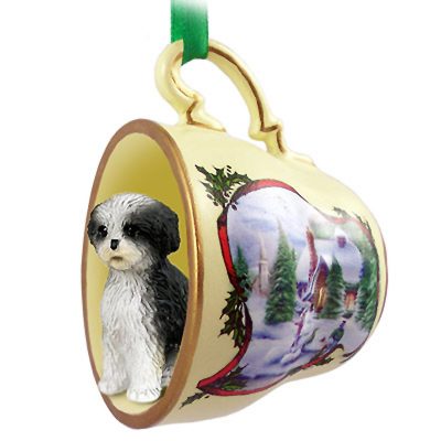 Shih Tzu Dog Christmas Holiday Teacup Ornament Figurine Blk/Wht Sport