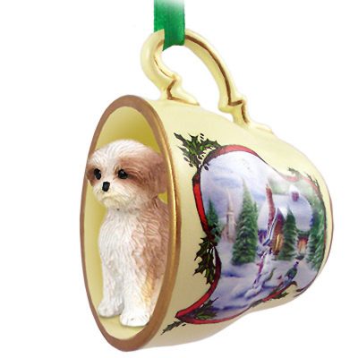 Shih Tzu Dog Christmas Holiday Teacup Ornament Figurine Tan Sport