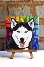 Siberian Husky Black/White Blue Eye Colorful Portrait Original Artwork on Ceramic Tile 4x4 Inches