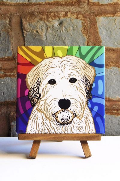 Soft Coated Wheaten Terrier Colorful Portrait Original Artwork on Ceramic Tile 4x4 Inches