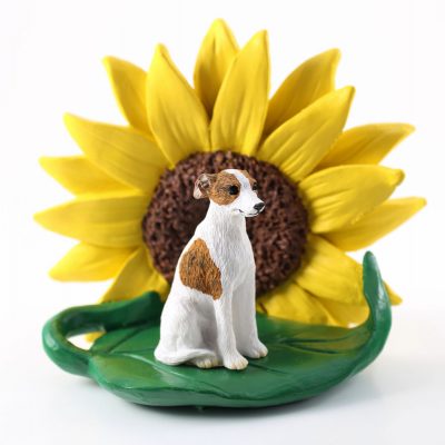 Whippet Brindle Figurine Sitting on a Green Leaf in front of a Yellow Sunflower