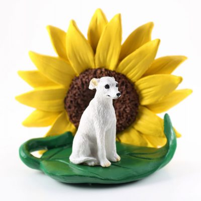 Whippet White Figurine Sitting on a Green Leaf in front of a Yellow Sunflower